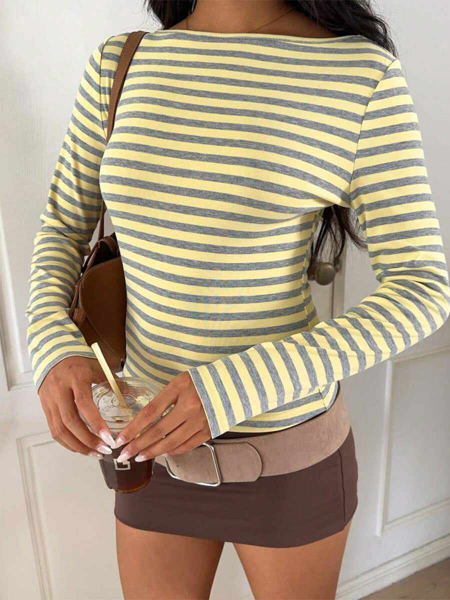 Yellow Long-Sleeve Fitted Striped Blouse — view 2
