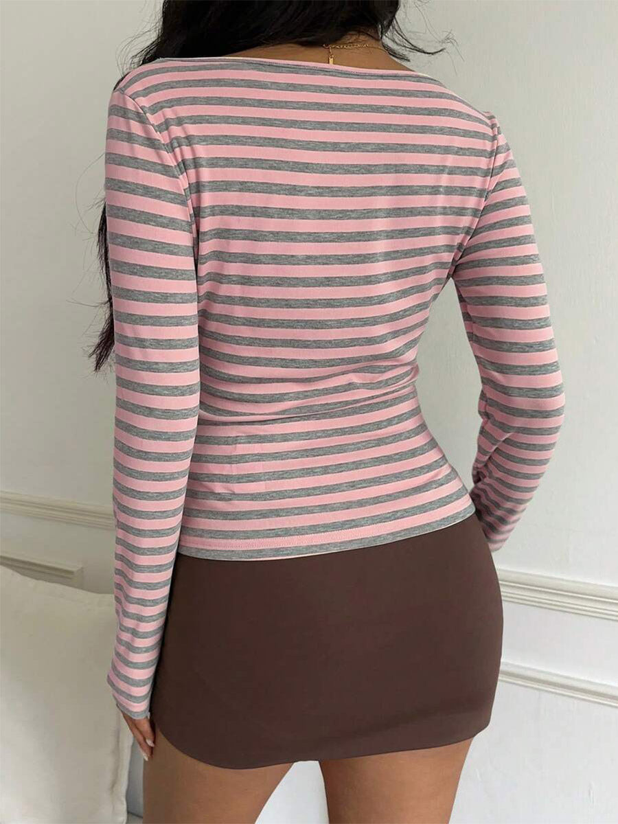Yellow Long-Sleeve Fitted Striped Blouse — view 7