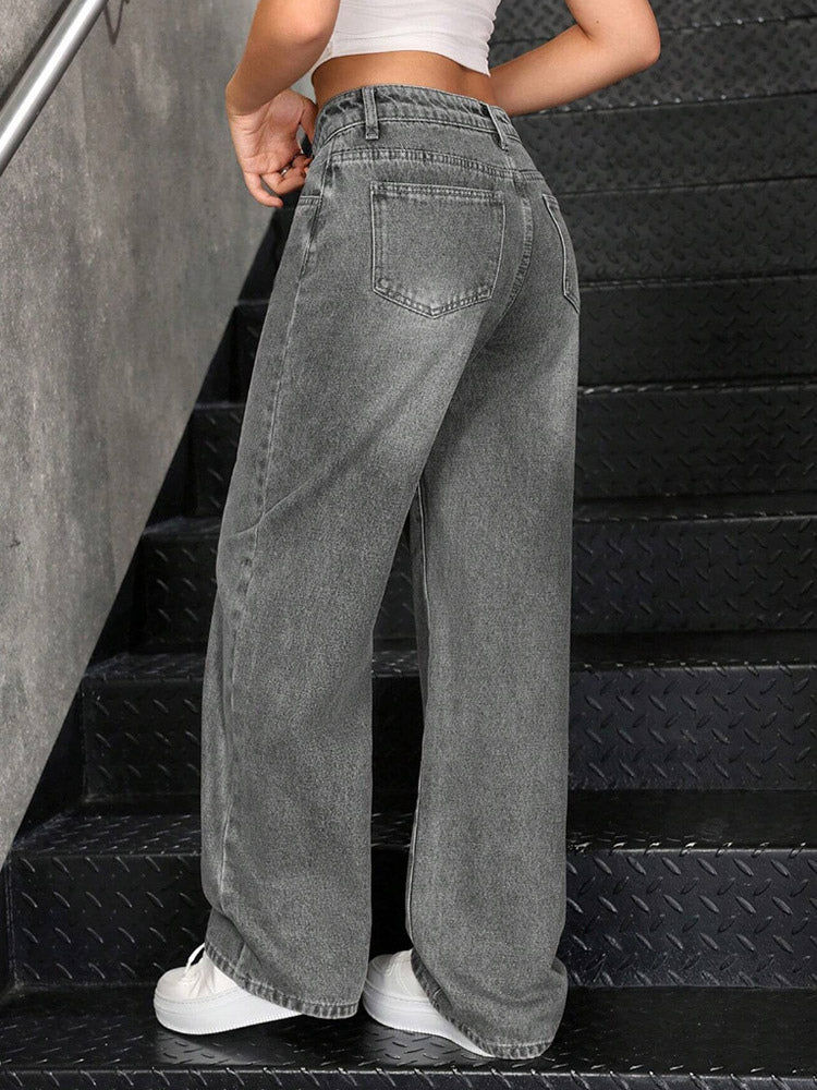 charcoal high waisted wide leg denim jeans — view 8