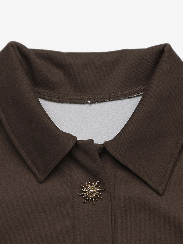 Brown Long-Sleeve Collared Blouse — view 3