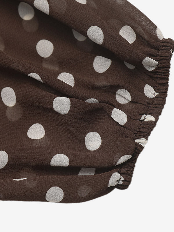 Brown Long-Sleeve Collared Polka Dot Blouse — view 6