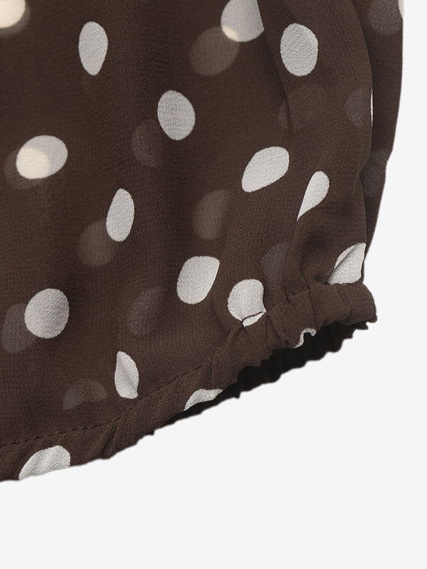Brown Long-Sleeve Collared Polka Dot Blouse — view 3