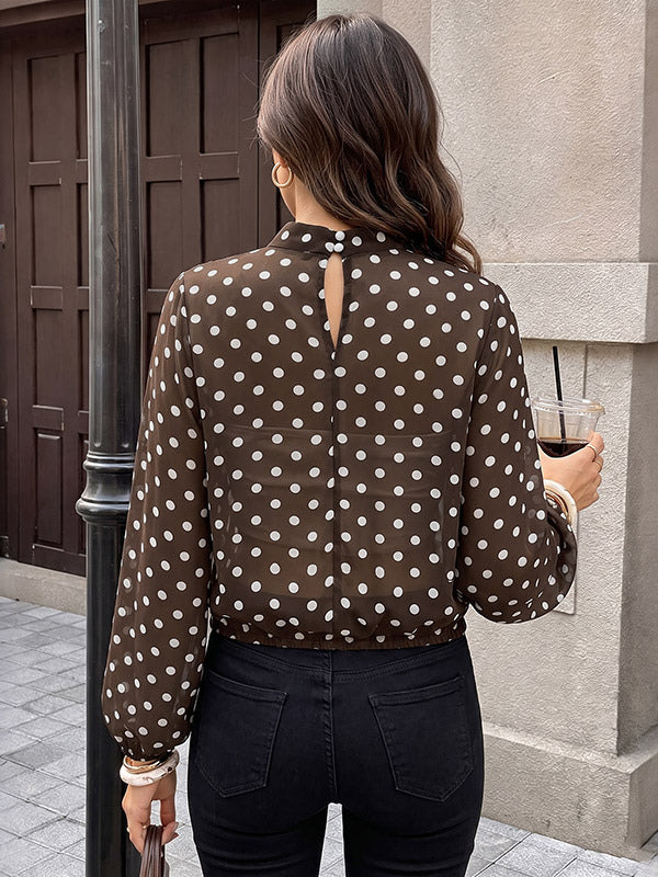 Brown Long-Sleeve Collared Polka Dot Blouse — view 2