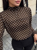 Brown Long-Sleeve Collared Polka Dot Blouse — view 1