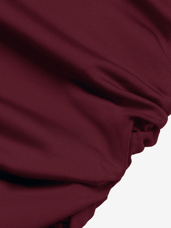 Burgundy Long-Sleeve Pleated Fitted Bodycon Dress — view 4