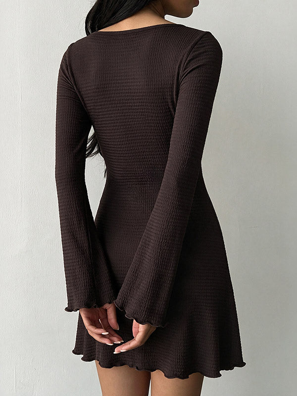 Brown Long-Sleeve Round-Neck Ruffle Jumper Dress — view 2