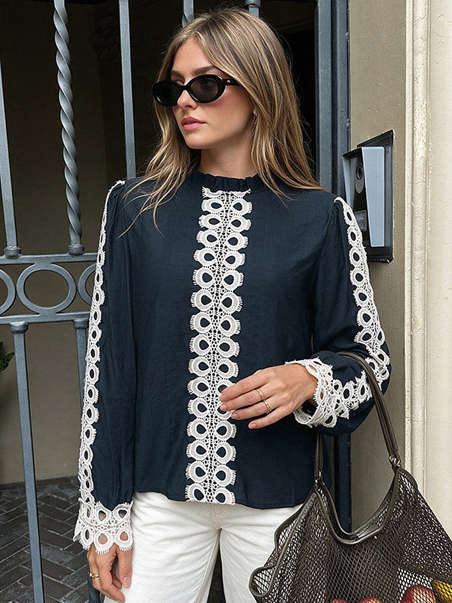 Navy Long-Sleeve Lace Blouse — view 1
