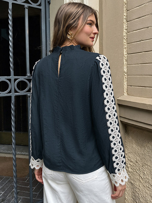 Navy Long-Sleeve Lace Blouse — view 2