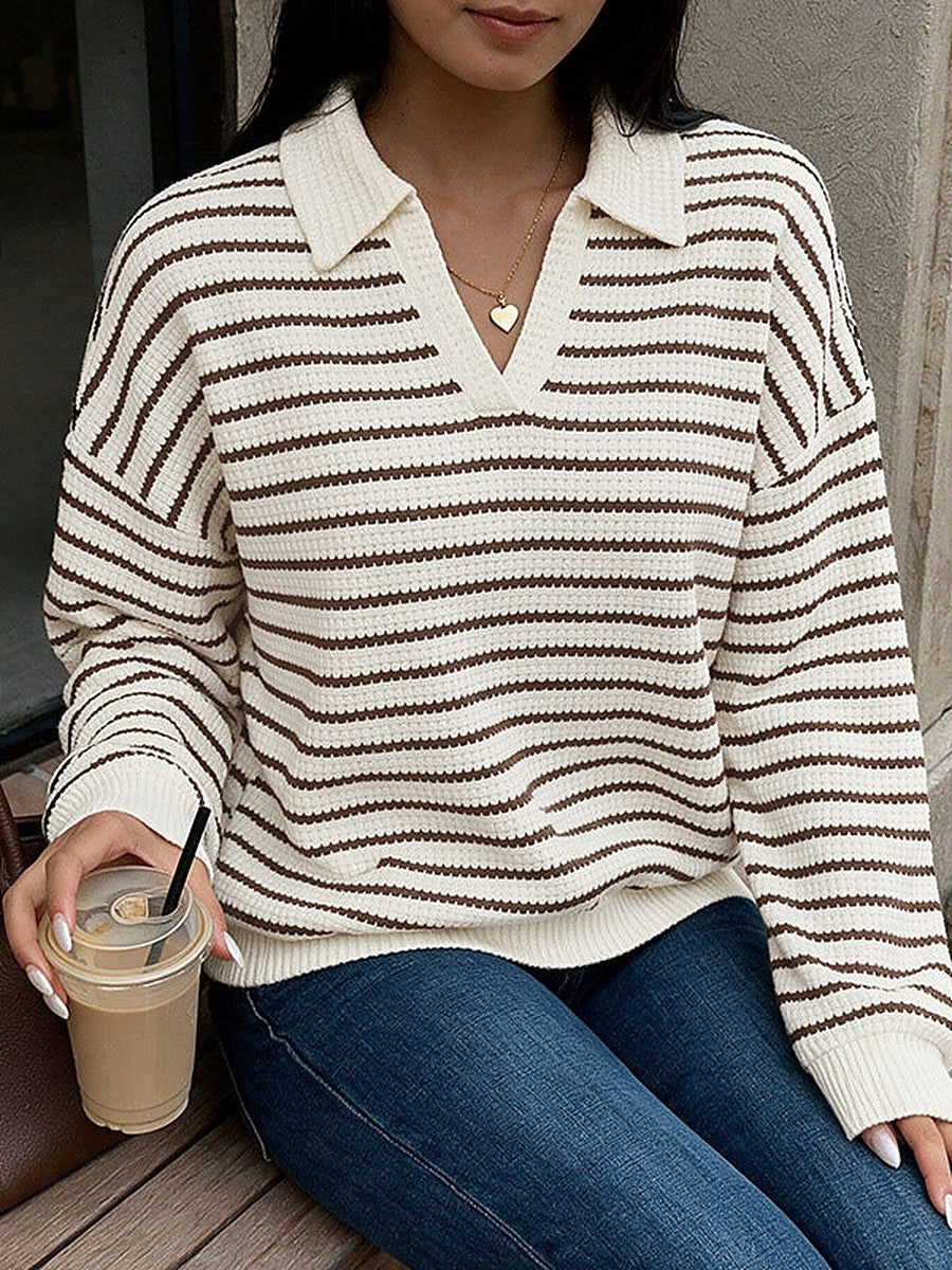 Brown Collared Striped Knitted Jumper — view 1