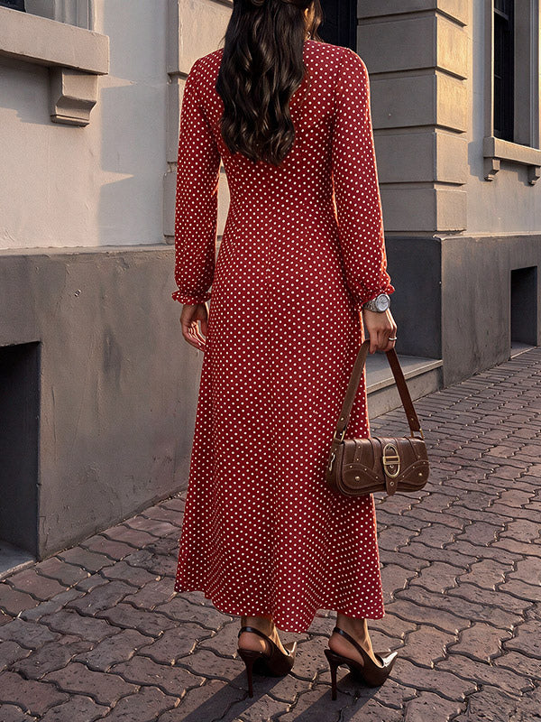 Red Long-Sleeve Polka Dot Maxi Dress — view 2