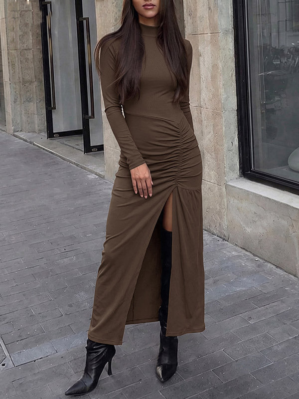 Brown Long-Sleeve High-Neck Side Split Dress — view 2