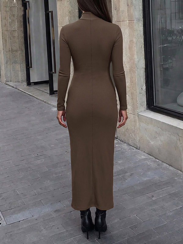 Brown Long-Sleeve High-Neck Side Split Dress — view 4