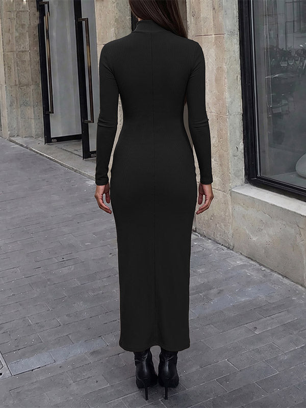 Brown Long-Sleeve High-Neck Side Split Dress — view 3