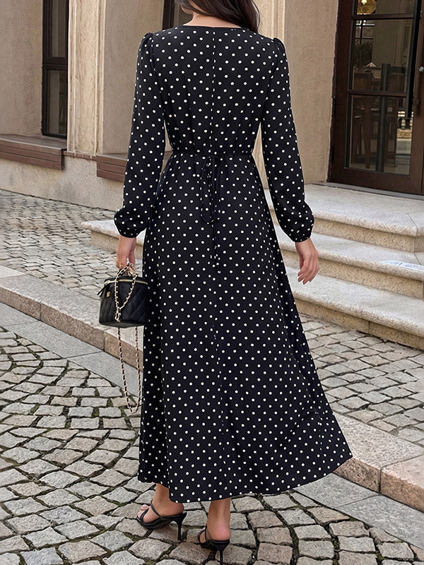Black Long-Sleeve Polka Dot Maxi Dress — view 2