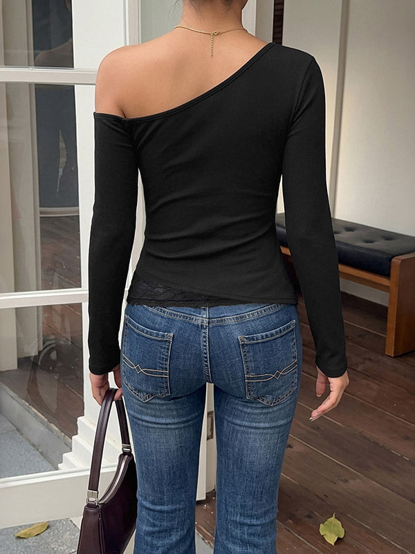 Black Long-Sleeve Off-Shoulder Lace Blouse — view 2