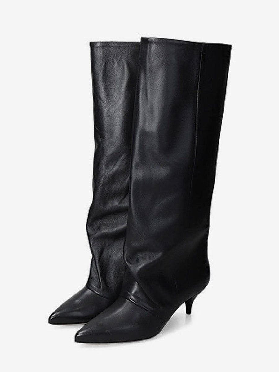 Burgundy Pointed-Toe Kitten Heel Knee-High Boots — view 1