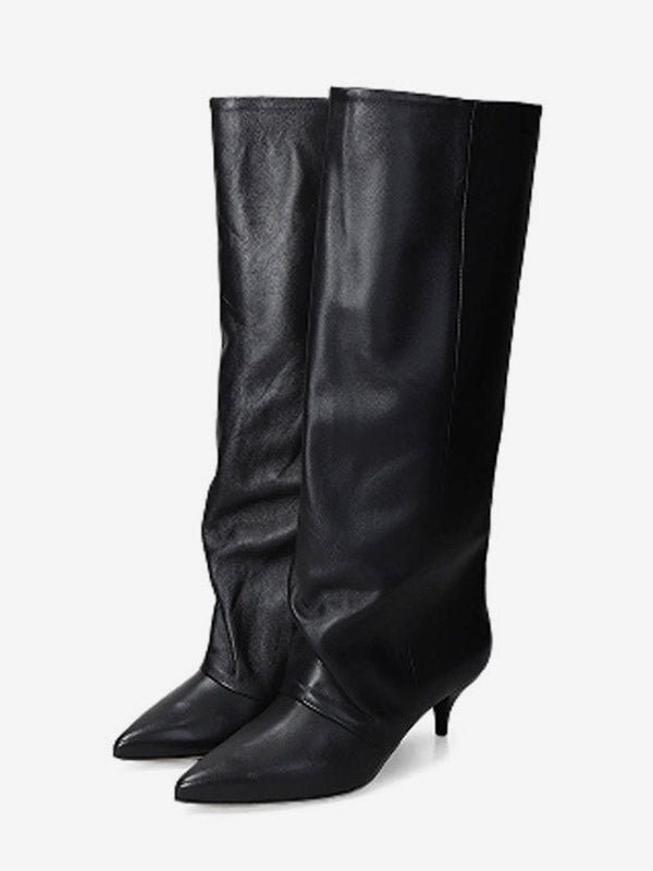 burgundy pointed toe kitten heel knee high boots — view 1