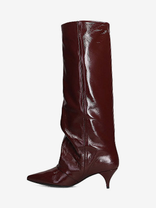 burgundy pointed toe kitten heel knee high boots — view 5