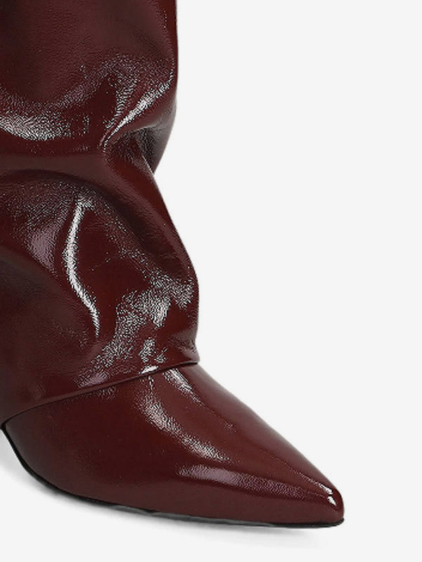 burgundy pointed toe kitten heel knee high boots — view 6