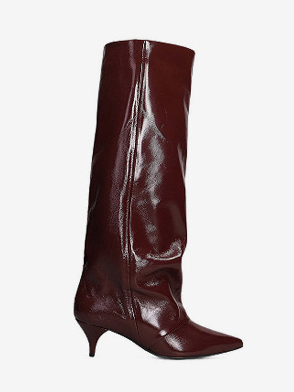 burgundy pointed toe kitten heel knee high boots — view 4