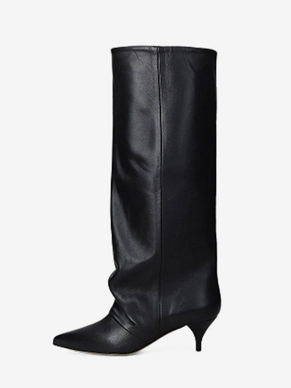 Burgundy Pointed-Toe Kitten Heel Knee-High Boots — view 2