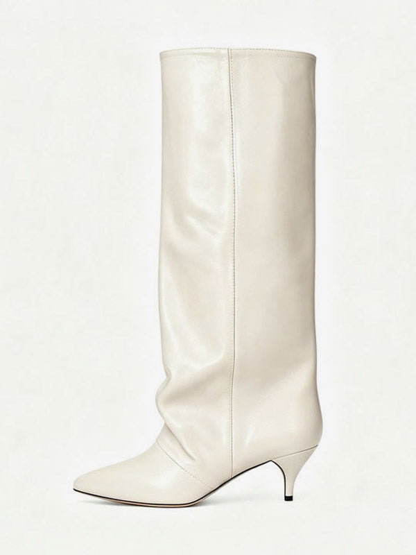 burgundy pointed toe kitten heel knee high boots — view 9