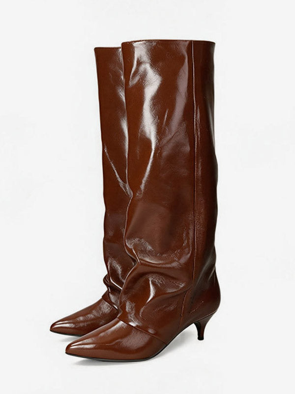 Burgundy Pointed-Toe Kitten Heel Knee-High Boots — view 8