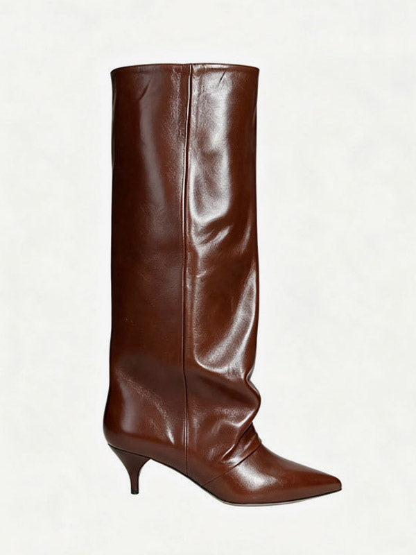 Burgundy Pointed-Toe Kitten Heel Knee-High Boots — view 7