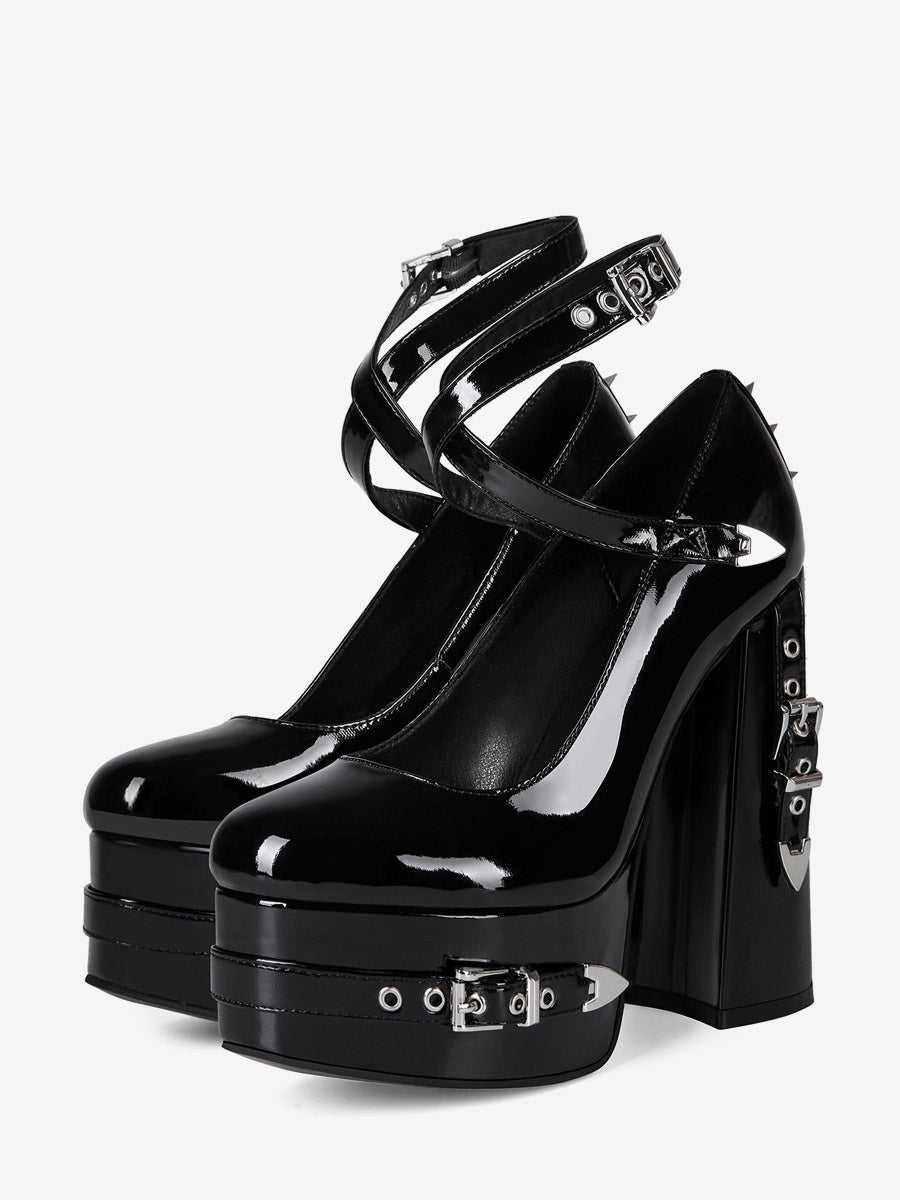 Black Round-Toe Platform Buckle Court Shoes — view 1
