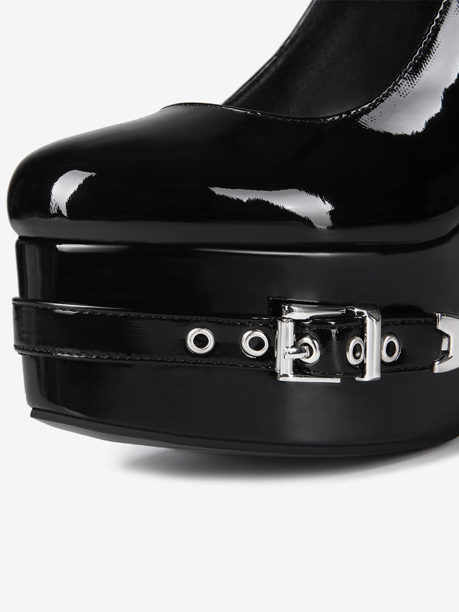 black round toe platform buckle court shoes — view 10