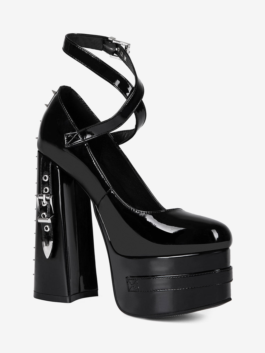 black round toe platform buckle court shoes — view 7