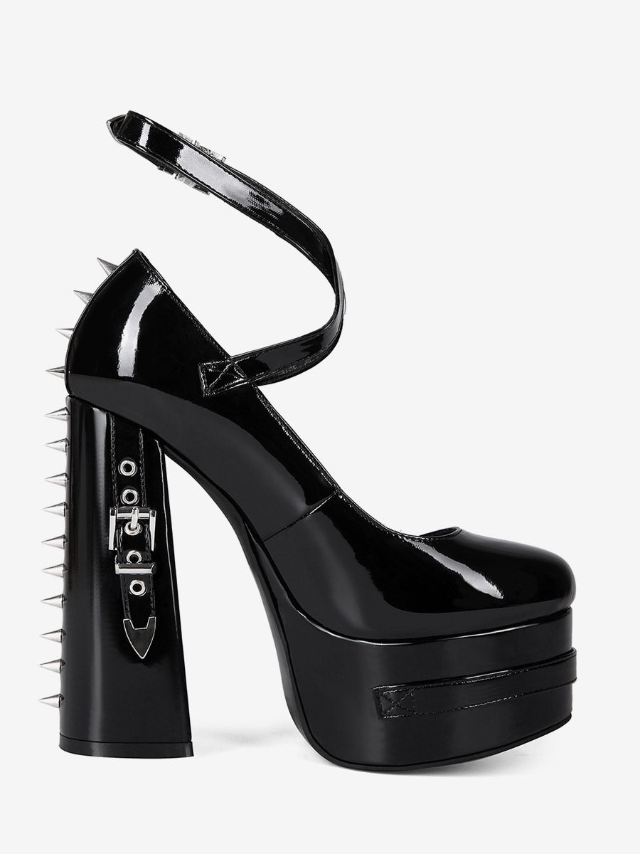 black round toe platform buckle court shoes — view 6