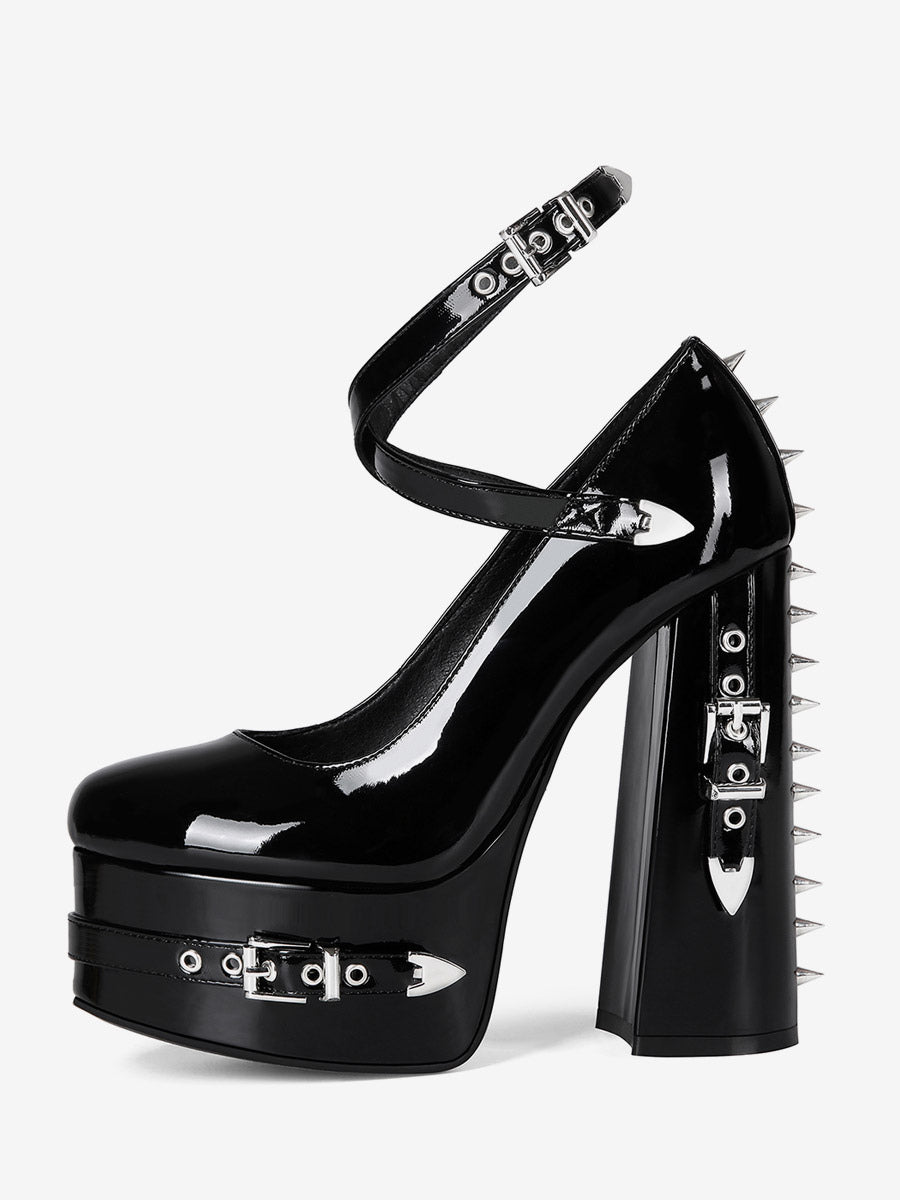Black Round-Toe Platform Buckle Court Shoes — view 4