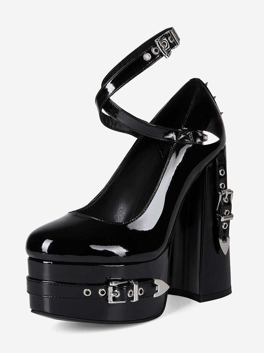 black round toe platform buckle court shoes — view 3