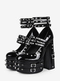 Black Round-Toe Platform Block Heel Court Shoes — view 1