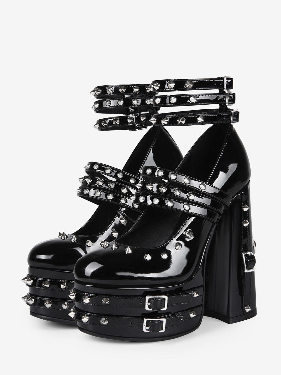 Black Round-Toe Platform Block Heel Court Shoes — view 1