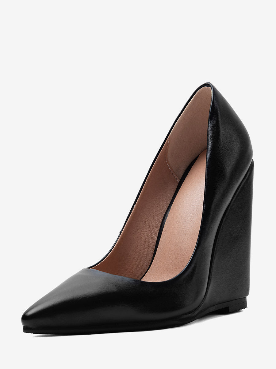 black pointed toe wedge slip on heels — view 2