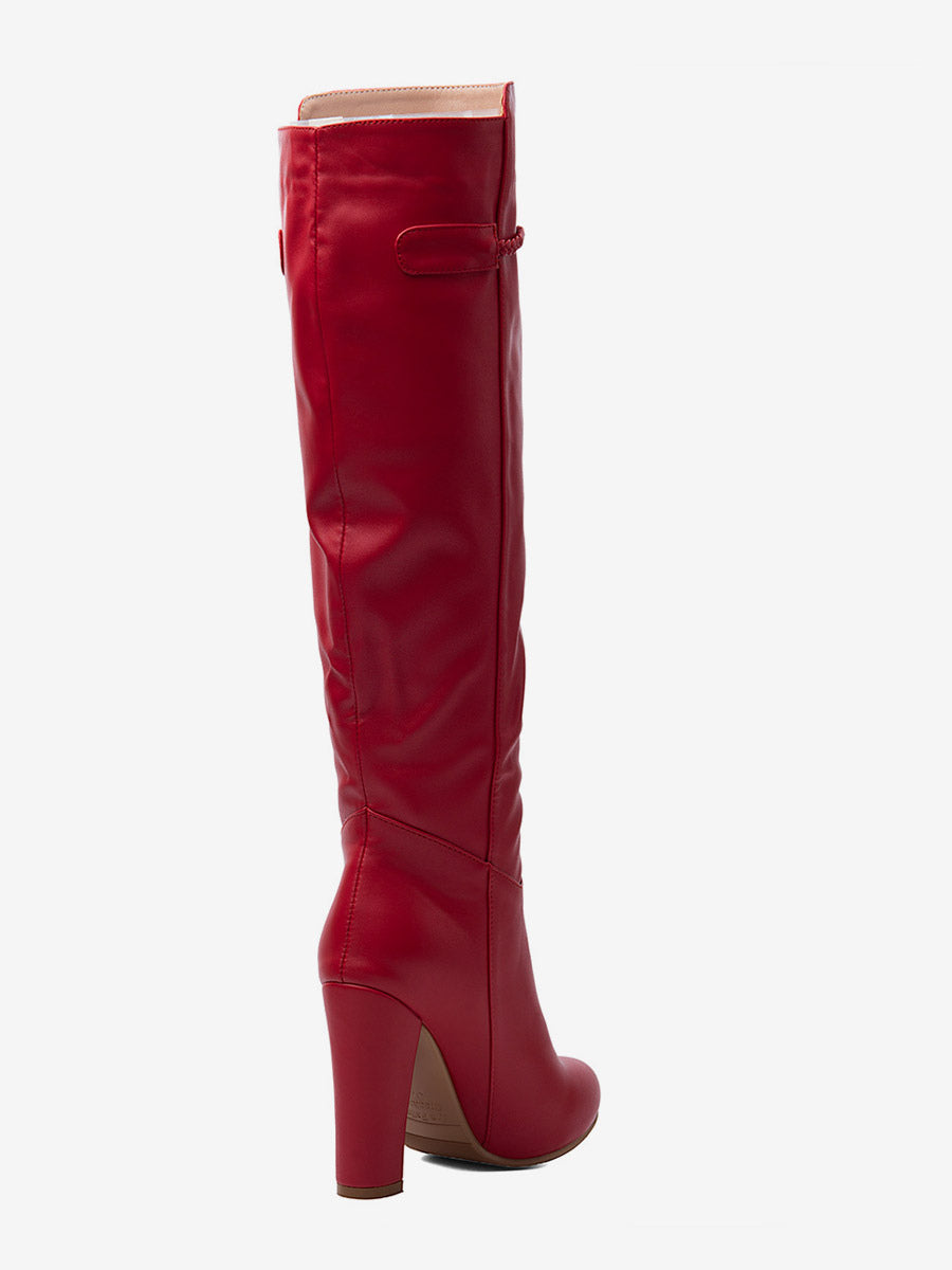Red Round-Toe Block Heel Knee-High Boots — view 7