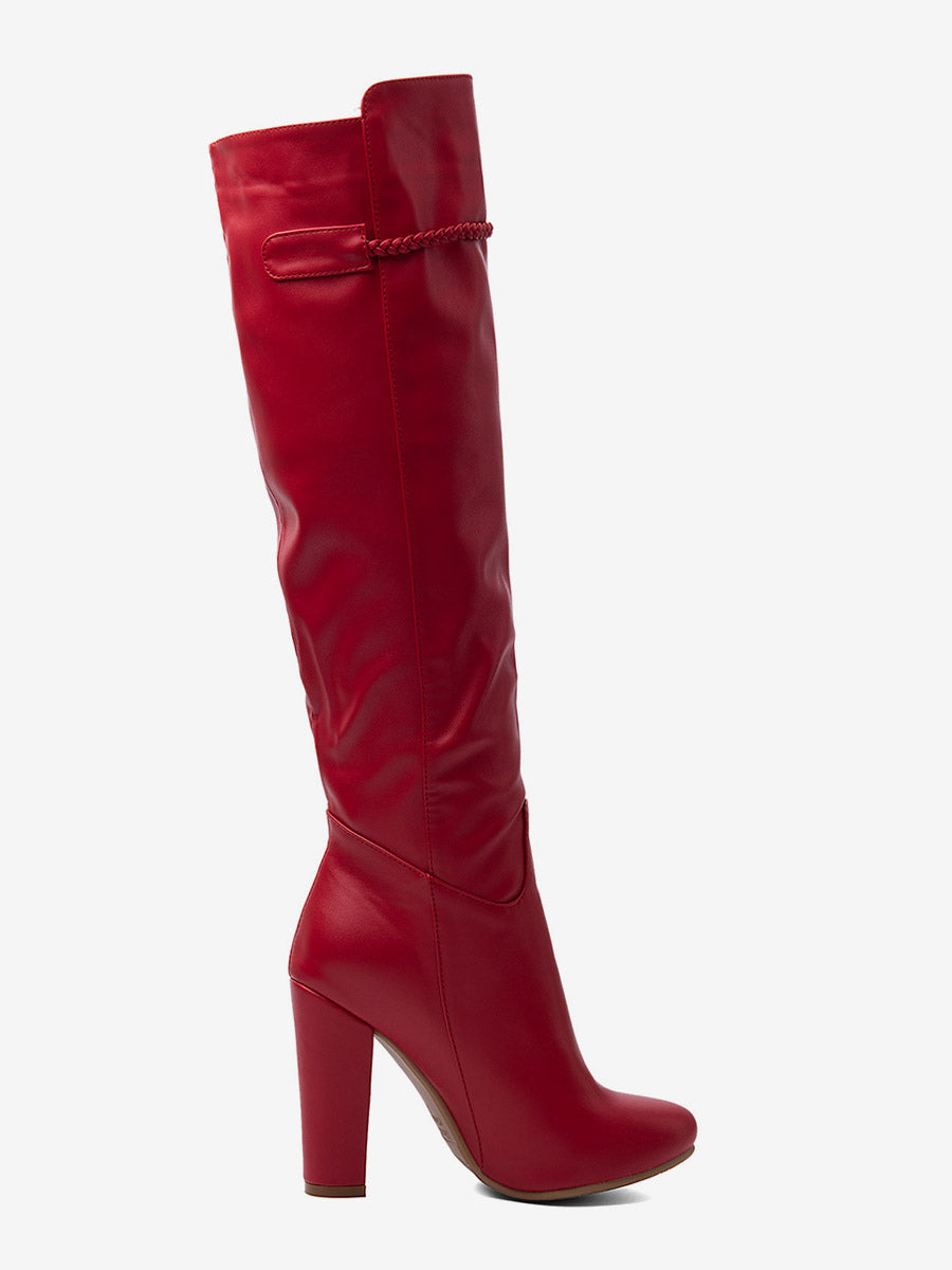Red Round-Toe Block Heel Knee-High Boots — view 6