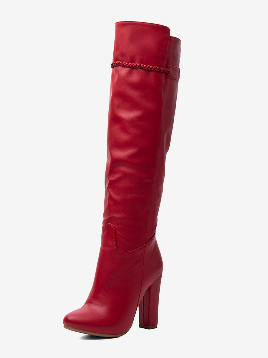 Red Round-Toe Block Heel Knee-High Boots — view 5
