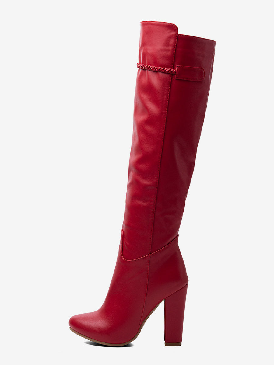 Red Round-Toe Block Heel Knee-High Boots — view 4