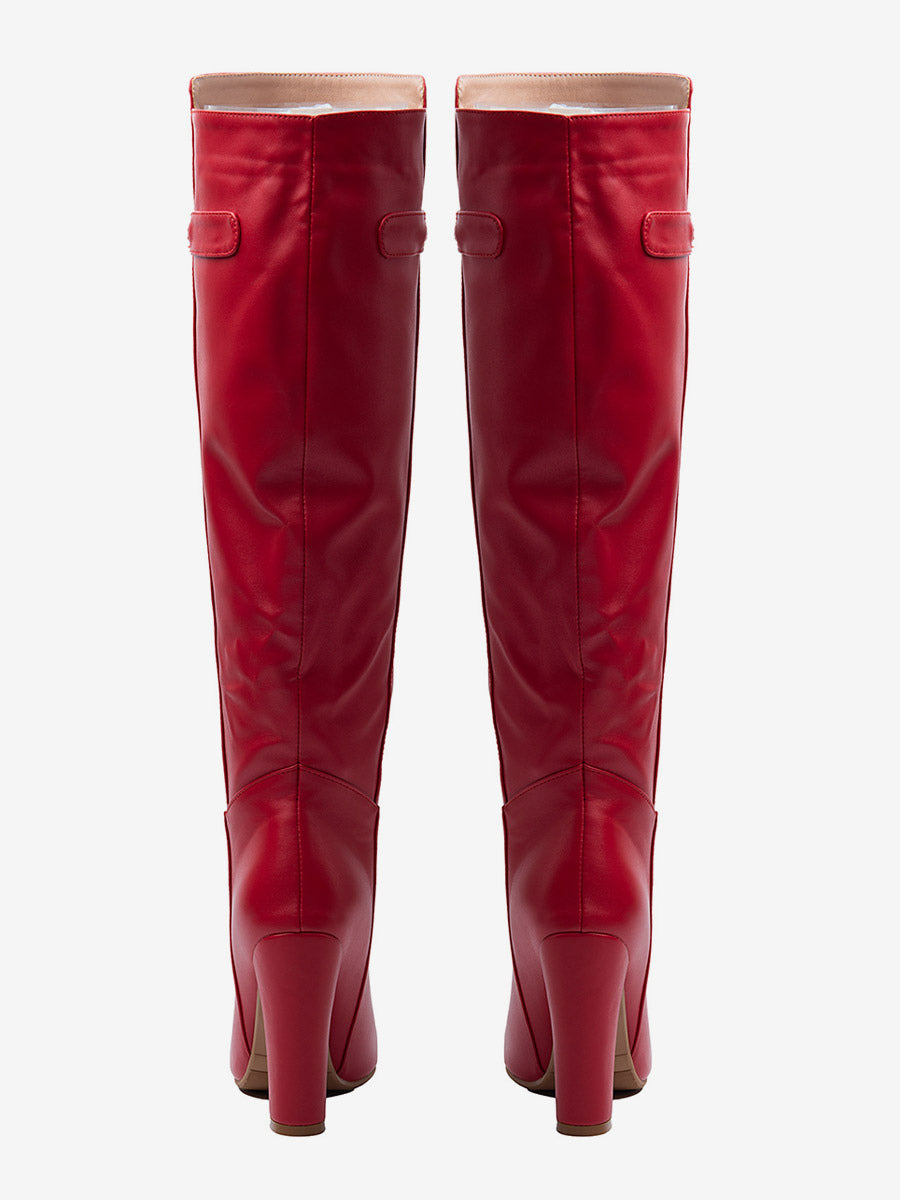 Red Round-Toe Block Heel Knee-High Boots — view 3