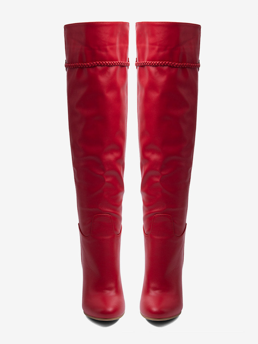 Red Round-Toe Block Heel Knee-High Boots — view 2
