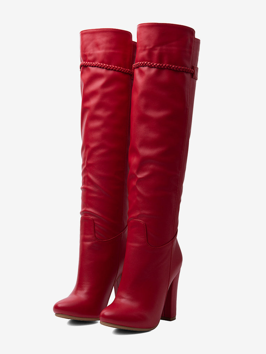 Red Round-Toe Block Heel Knee-High Boots — view 1