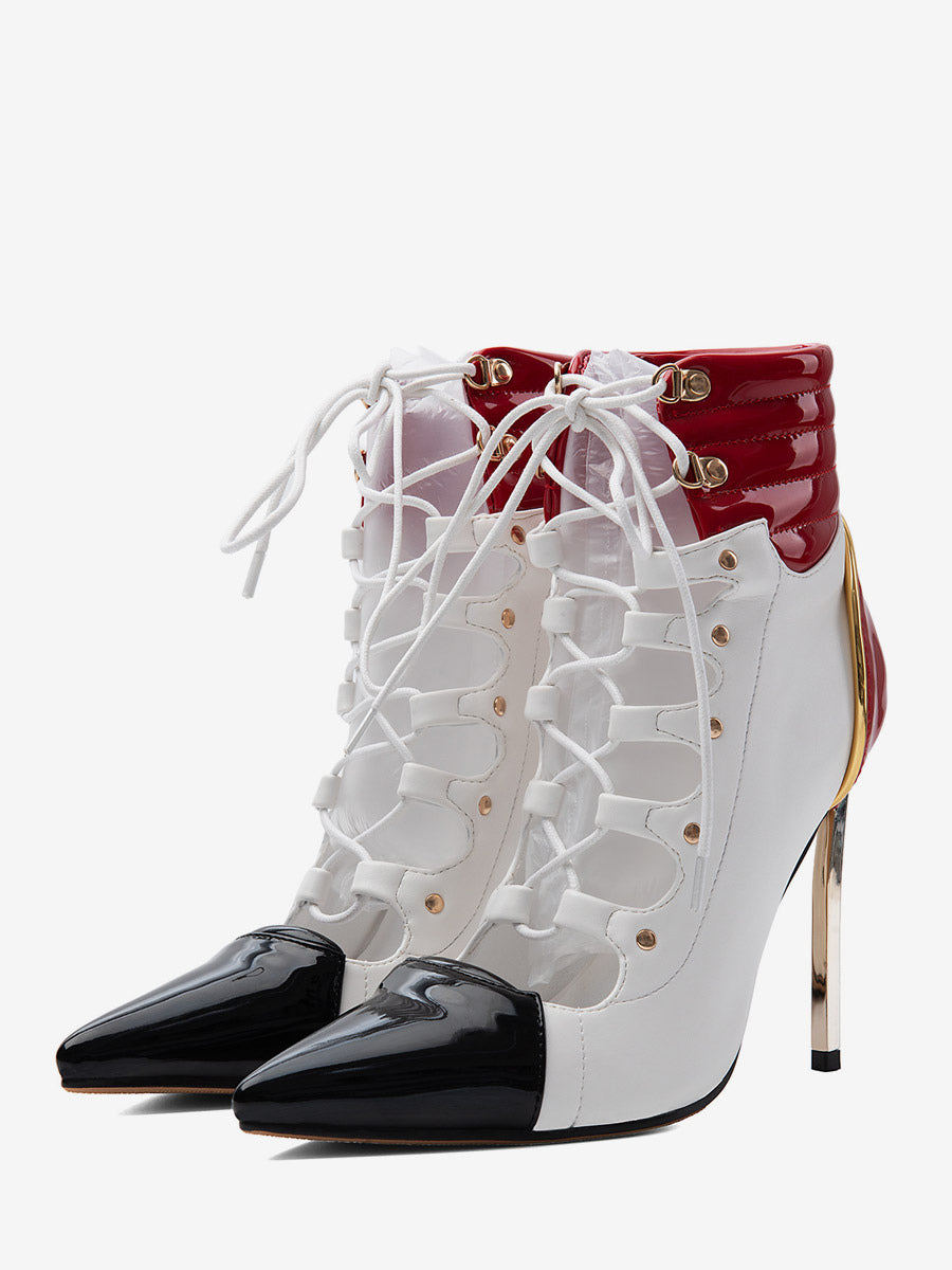 White Pointed-Toe Lace-Up Contrast Panel Ankle Boots — view 1