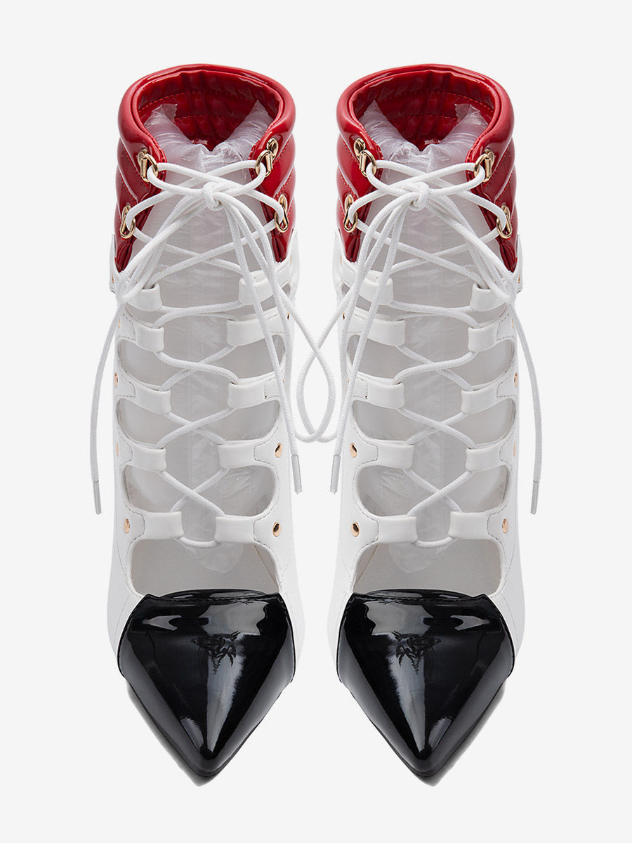 white pointed toe lace up contrast panel ankle boots — view 2
