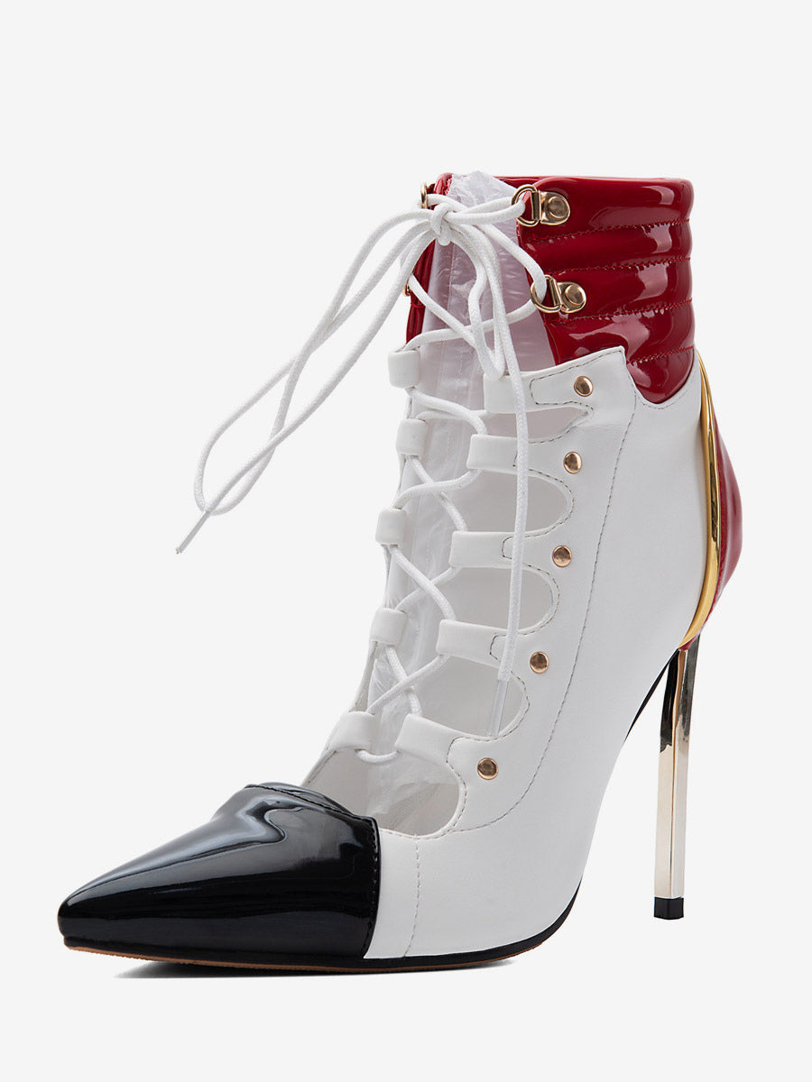 white pointed toe lace up contrast panel ankle boots — view 3