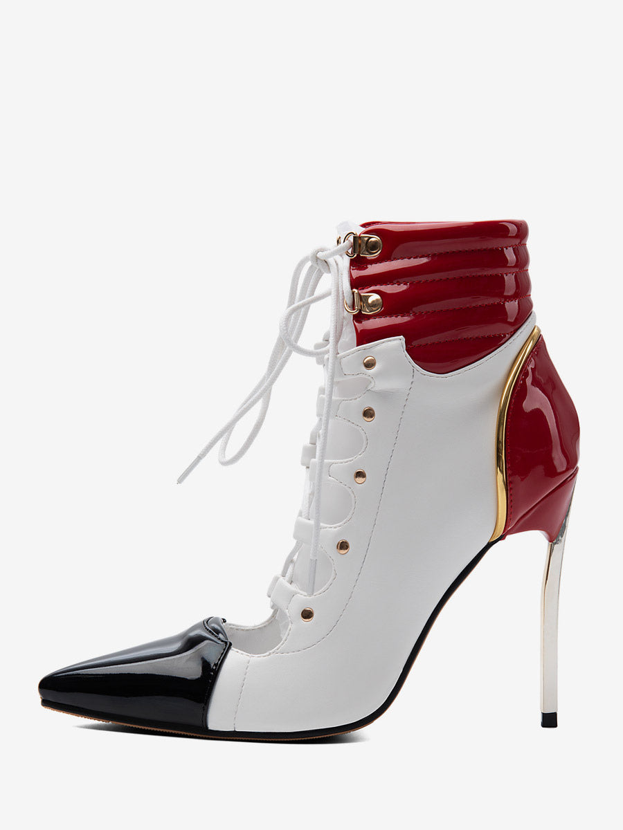 White Pointed-Toe Lace-Up Contrast Panel Ankle Boots — view 4