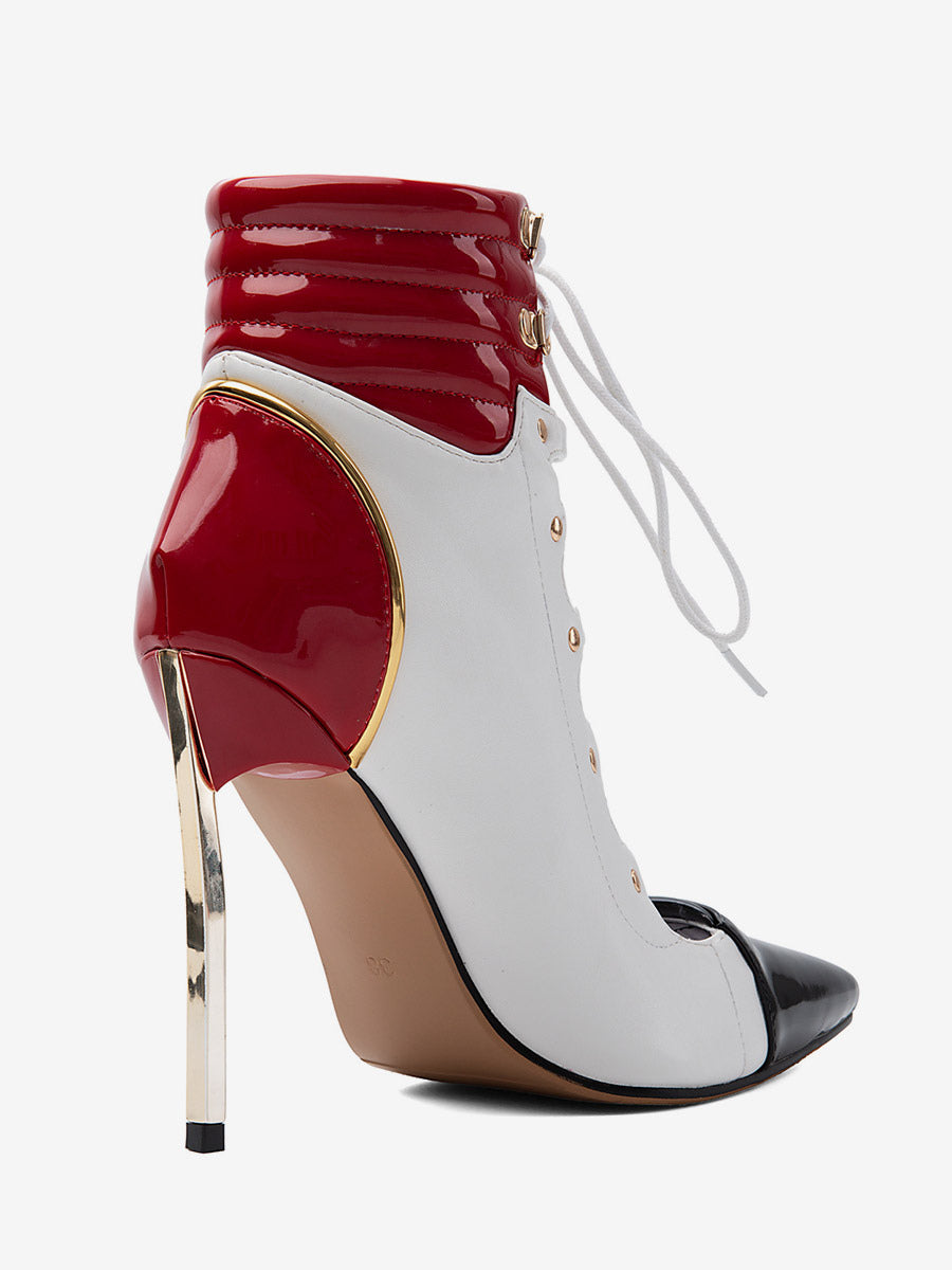 White Pointed-Toe Lace-Up Contrast Panel Ankle Boots — view 6