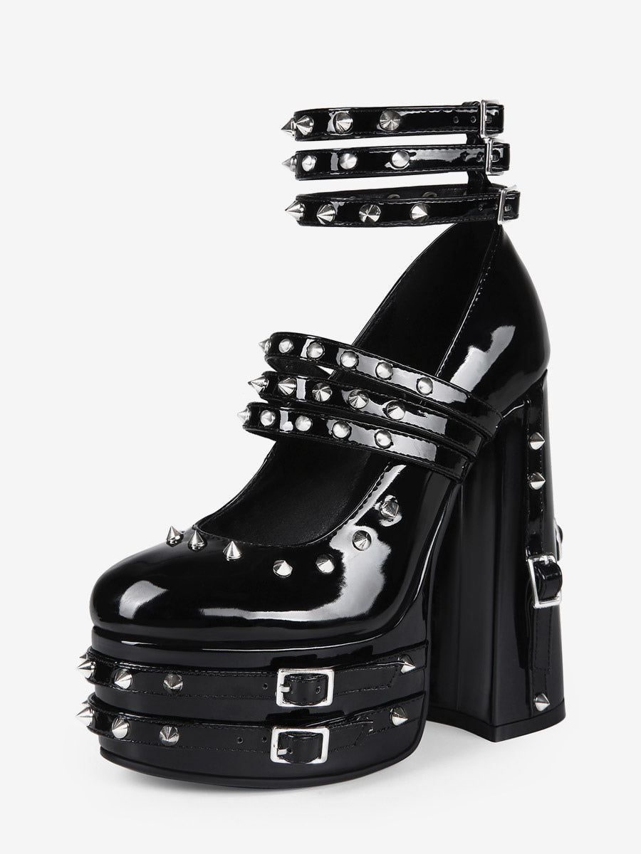 black round toe platform block heel court shoes — view 7